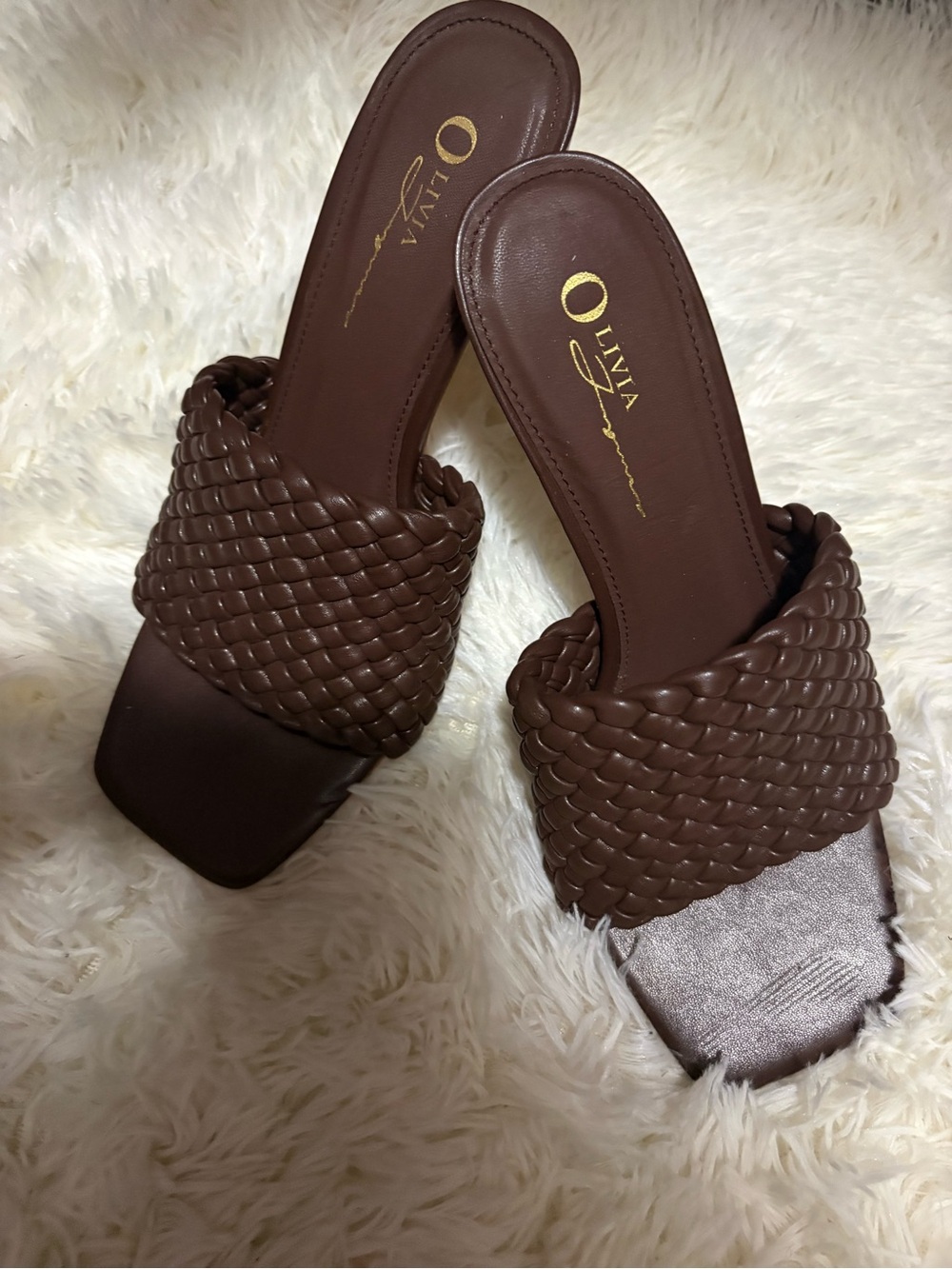 Woven Slide Stiletto Heels in Brown by Olivia Louise